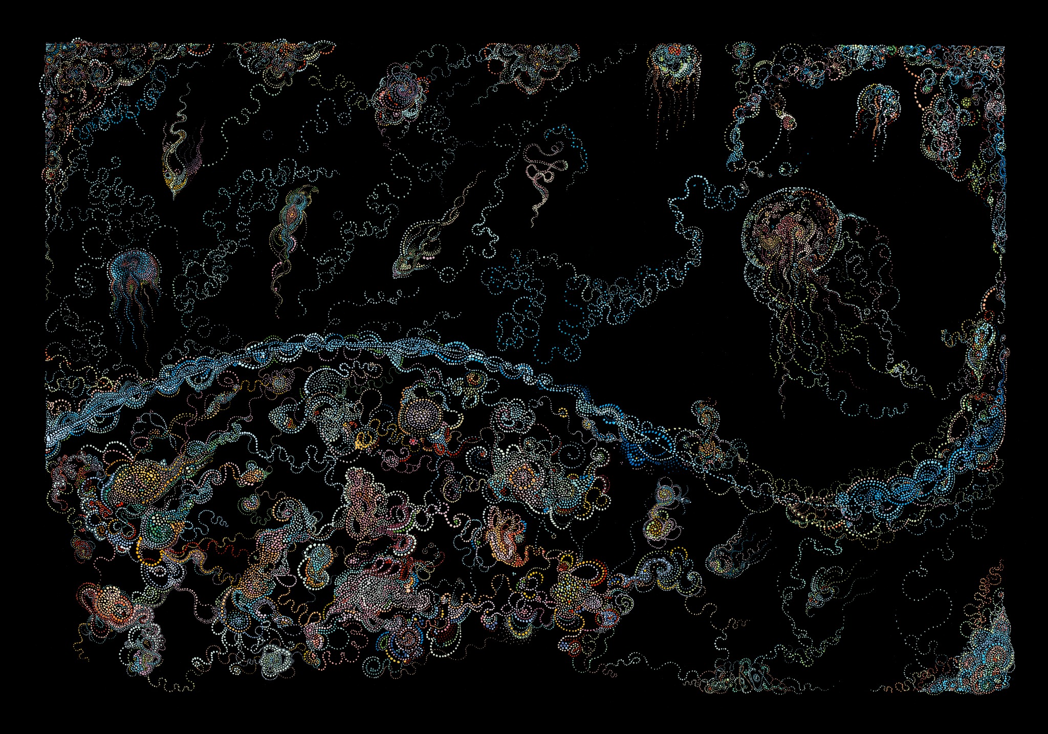 In Deep Water, a detailed gouache painting of colourful organic forms on a black background by Rebecca Cox